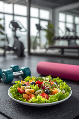 Vibrant detox salad showcased with gym equipment for modern fitness lifestyle