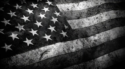 Distressed grunge black and white american flag waving, symbolizing patriotism, history, strength, and solemnity