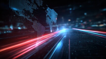 Global digital network with glowing light trails representing data transfer and modern communication.
