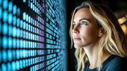 Caucasian young woman analyzing data on a screen in a technology environment - Powered by Adobe