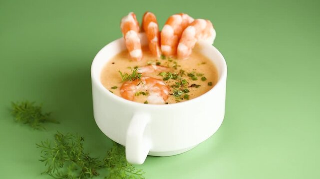 Hot savory shrimp chowder with dill and chives in elegant ceramic cup