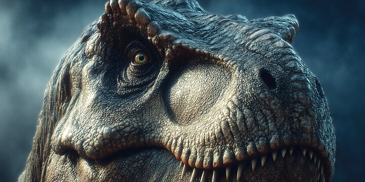 A detailed view of a tyrannosaurus in a forest setting surrounded by towering mountains