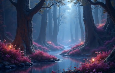 Colorful Mystical Ancient Forest with Serene Pink Hues Glowing Roots and Gentle Mist