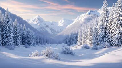 Serene snowy mountain landscape with pine trees and majestic peaks under a colorful sky at sunrise or sunset