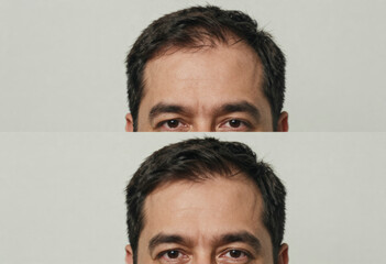 Close-up images featuring the upper section of a man's face showing the forehead and eyes, with subtle differences between the two panels, captured in a 35mm film photography style