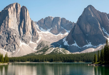 Mountain landscape. Snow-capped peaks are reflected in a mirror-like lake surrounded by evergreen forest. The clear blue sky highlights the grandeur and ruggedness of nature.