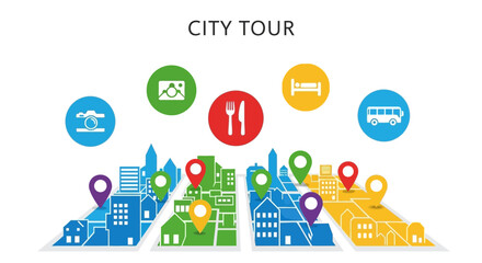 City Tour Illustration: A vibrant illustration showcasing the various attractions and services available on a city tour, with icons representing key points of interest. 