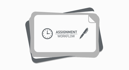 Assignment Workflow Concept: A minimalistic design depicts the workflow process, centered around the theme of assignments with a clock, pen, and document.