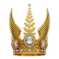 Ornate golden royal crown with wings and diamonds isolated on transparent background