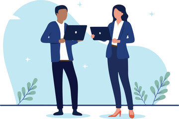 Business man and woman working on computer - Businessman and businesswoman standing with laptop in hands in corporate white collar office clothing smiling and working together. Flat design vector.