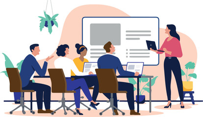 Business Meeting Presentation - Diverse Team Collaborates in Office Environment with Laptops and Screen for Discussion and Project Planning.