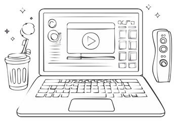 Laptop with Video Playing, Remote Control, and Coffee Cup Line Art Sketch
