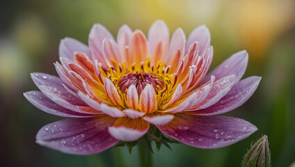 Vibrant pink and orange water lily in bloom with dew drops