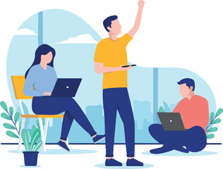 Business motivation - Motivated small team of working people with computers in office. Flat design vector illustration with white background