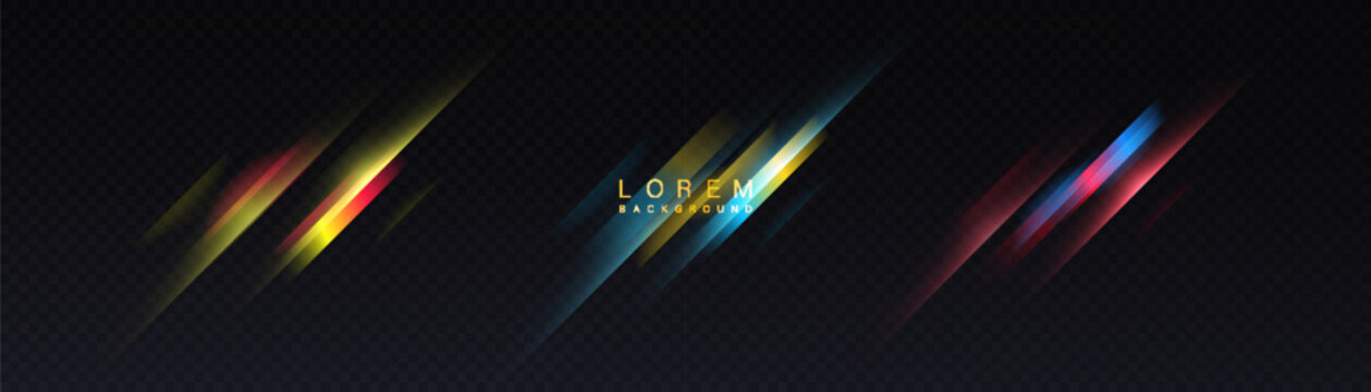 A set of bright diagonal light stripes and colored highlights on a dark background. Suitable for overlays, highlighting details, and visual accents in advertising design and illustrations. Vector.