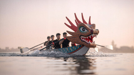 Dragon boat crew paddling together in calm water at sunrise