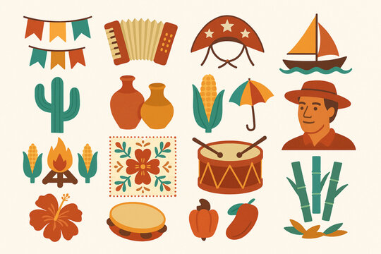 Northeast Brazil culture vector grid with S&atilde;o Jo&atilde;o banners forr&oacute; accordion cangaceiro hat jangada boat and frevo umbrella