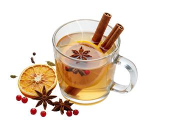 Steaming glass mug of pale mulled wine, garnished with cinnamon and orange, surrounded by star anise and cranberries on a transparent reflective surface. Concept of traditional winter holiday cheer