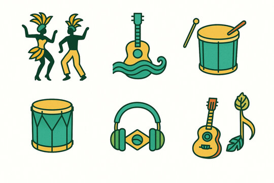Brazilian music vector icon set with samba dancers bossa nova guitar percussion drums and tropical notes