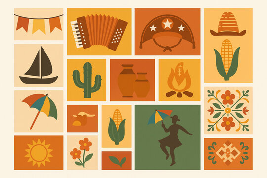 Northeast Brazil culture vector grid with S&atilde;o Jo&atilde;o banners forr&oacute; accordion cangaceiro hat jangada boat and frevo umbrella