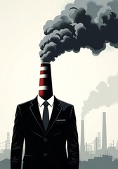 Businessman's Smokestack Head Symbolizes Corporate Pollution