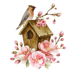 Watercolor birdhouse composition with perched bird and blooming pink flowers in delicate hand painted style