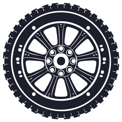 Obraz premium Black vehicle tire and alloy wheel silhouette with detailed spokes and tread pattern