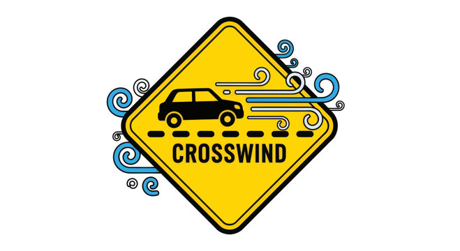 Crosswind Road Sign Featuring Automobile and Wind Symbolism with Warning Message
