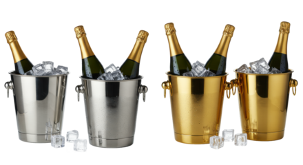 Four high-end, highly reflective silver and gold ice buckets filled with dark amber champagne bottles and clear ice, low angle product photography on white. Concept for premium beverage marketing