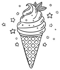Whimsical ice cream cone outline decorated with stars and topped with mint leaves, ideal for coloring book pages and food illustrations.