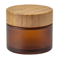 Amber glass cosmetic jar with bamboo wooden lid isolated on transparent background