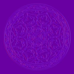 Embossed round pattern with stylized flowers and borders. Iridescent glares. Indian, Arabic, Middle East art legacy. 