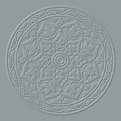 Embossed round pattern with stylized flowers and borders. Indian, Arabic, Middle East art legacy. 