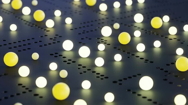 Abstract glowing dots pattern with vibrant yellow and white lights on dark blue background