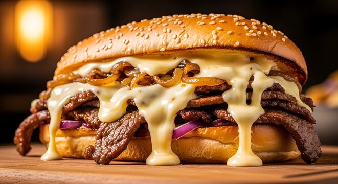 Gourmet steak and cheese sandwich with melted cheese dripping