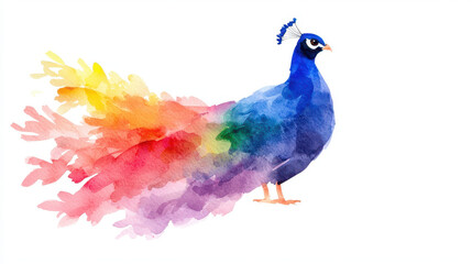 Obraz premium Vibrant watercolor depiction of peacock showcasing colorful tail with hues of blue, purple, and yellow, evoking sense of beauty and elegance