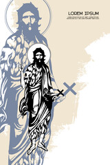 Religious vintage poster template with John the Baptist. Christian illustration in Byzantine style