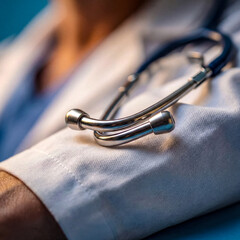 Closeup of a doctors stethoscope resting on a white lab coat sleeve