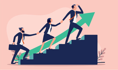 Business progress together - Team of businesspeople walking up stairs with green arrow pointing up towards success. Flat design vector illustration