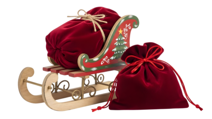 Decorative Christmas Sleigh with Red Velvet Gift Bags for Holiday Celebration Cut Out PNG.