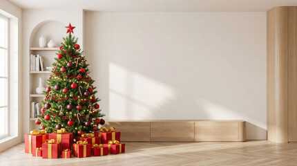 Modern living room with Christmas tree decorated in red and gold, surrounded by red gift boxes. Clean wall space ideal for festive mockups and holiday design presentations.