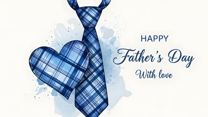 Happy father's day watercolor card featuring blue plaid tie and heart illustration.