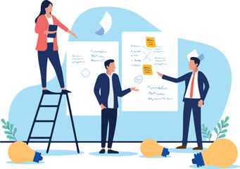 Business professionals brainstorm new ideas during a workshop, using sticky notes and whiteboards to develop innovative strategies and solutions. Flat design vector illustration on white background