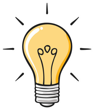 Cartoon illustration of a glowing light bulb, representing a creative idea and solution
