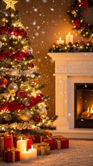 Vertical Christmas card design with vibrant ornaments, glowing candles, soft snowfall, warm winter atmosphere, festive tree centerpiece, premium ultra-detailed textures, cinematic lighting, joyful sea