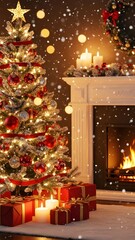 Portrait Christmas card background with festive tree, twinkling lights, cozy fireplace, falling snow, elegant red green gold decorations, luxurious textures, cinematic lighting