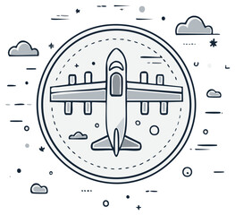 Obraz premium Hand drawn airplane illustration in a circle doodle art style for travel and aviation concepts