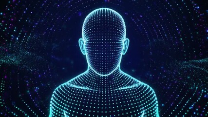 Abstract digital representation of a human form made of glowing particles, symbolizing artificial intelligence, data, and the future of technology and digital identity - Powered by Adobe