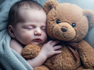 Sleeping baby peacefully cuddling a soft brown teddy bear in a cozy blanket