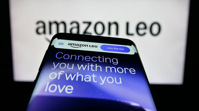 Stuttgart, Germany - 12-01-2025: Mobile phone with website of US satellite Internet company Amazon Leo on screen in front of logo. Focus on top-left of phone display.